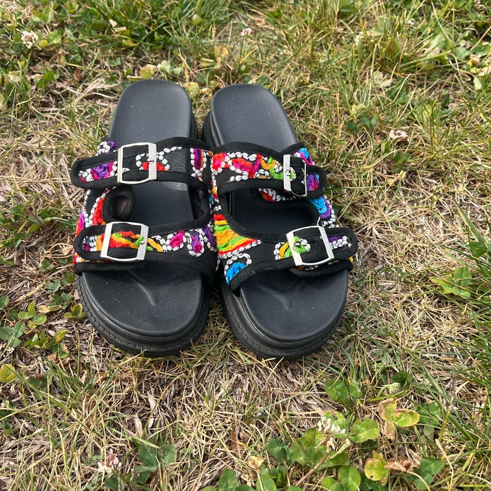 Kids Black Slide Sandals with Multicolor Embroidered Straps